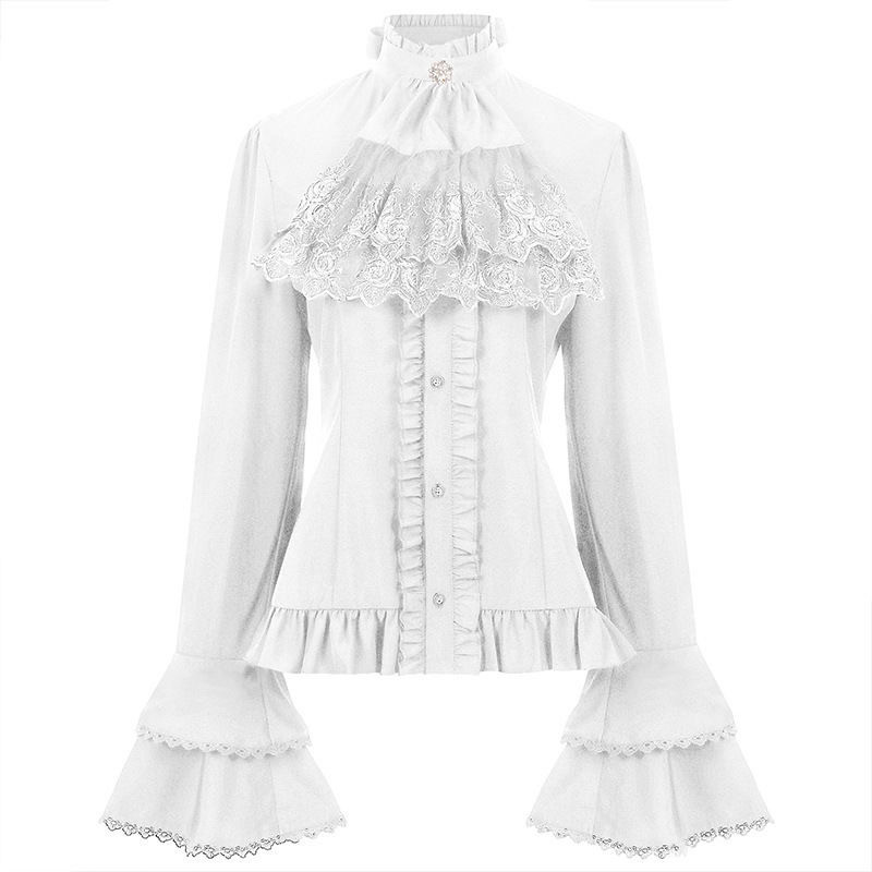 Chemise à manches longues de style victorien pour femmes, nouvelle arrivée 2025, dentelle noire et blanche, volants, col haut, dos corset, style gothique vintage