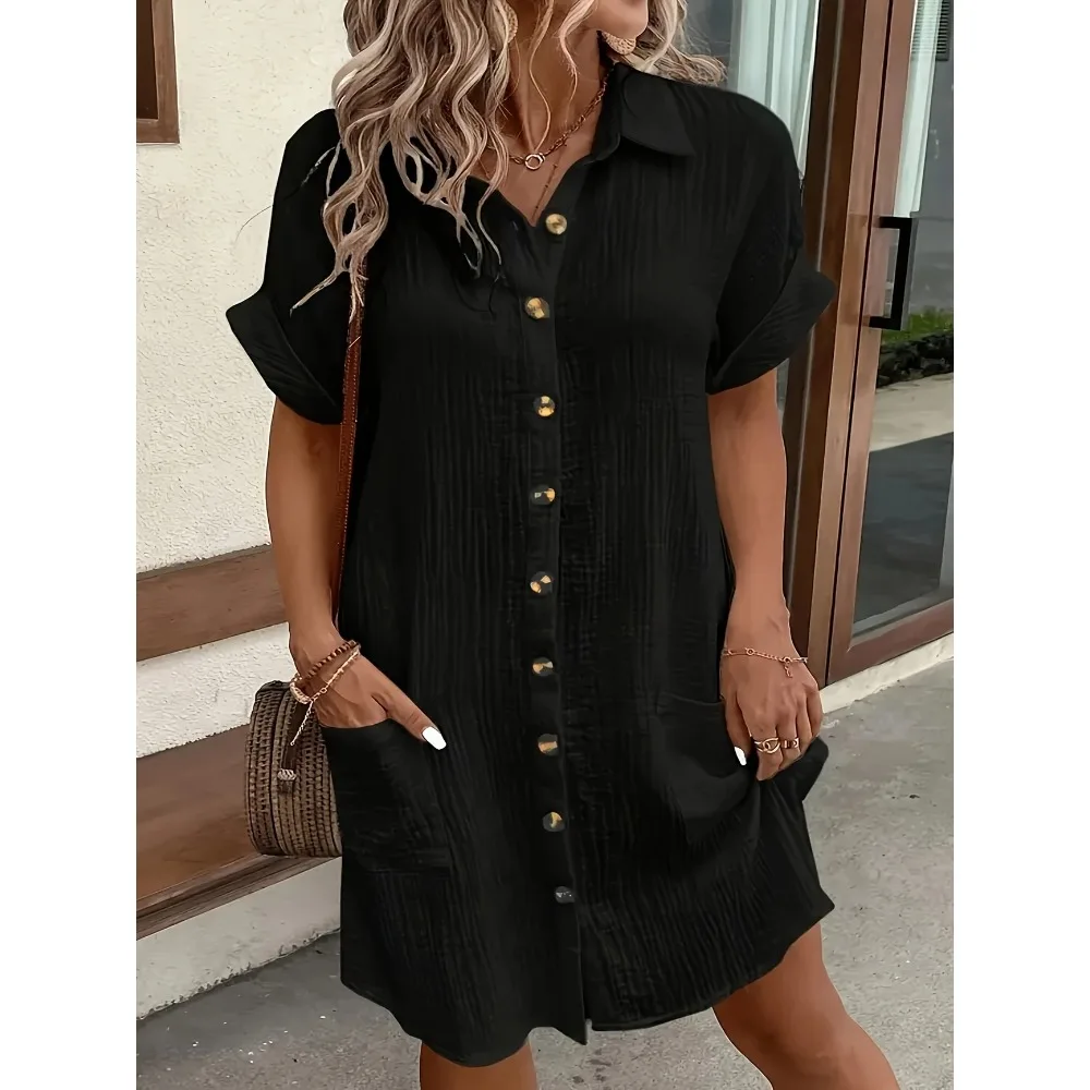 Robe chemise Simple pour femmes, grande taille 1XL-5XL, mode printemps et automne, décontractée, couleur unie, bouton à revers