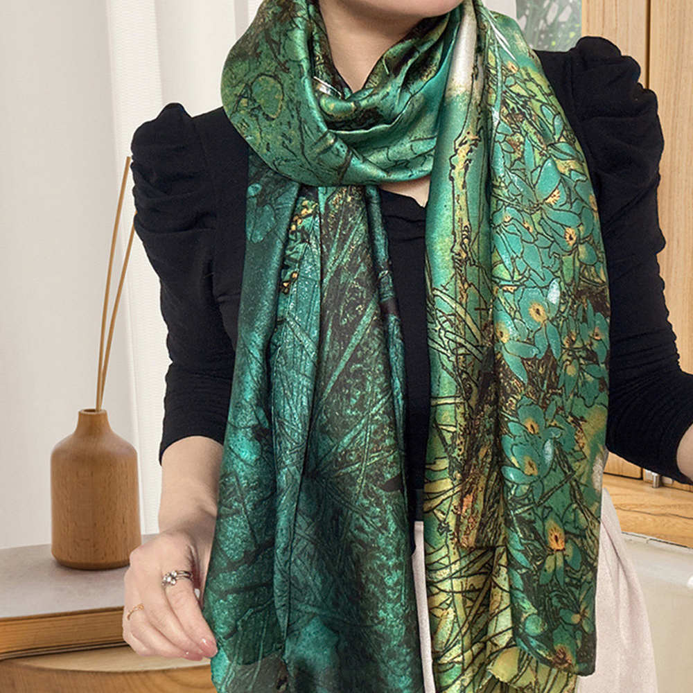 Écharpe de luxe en soie verte 85*180cm pour femme, douce et lisse, foulard, hijab, écharpe d'extérieur, châle long, serviette de plage