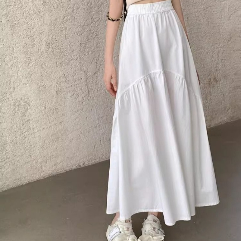 Jupe noire femmes corée été de 2025 Style coréen à la mode plissée Patchwork taille élastique jupe longue femme