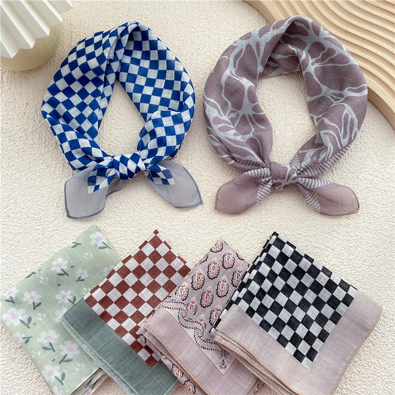 Foulard Carré en Coton et Lin pour Femme, Bandana Imprimé Floral à Carreaux, Bandeau de Cheveux, Turban Cirondsauna