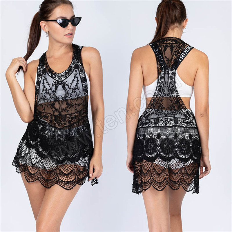 Tunique de plage mi-longue sans manches pour femme, en dentelle florale au crochet, dos nageur, maille transparente, ourlet festonné, style cache-maillot