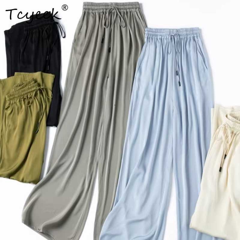 Pantalon en Soie de Mûrier Véritable à 93% Tcyeek pour Femme, Taille Élastique, Jambes Larges, Vêtement Décontracté, Collection 2026, Meilleure Vente