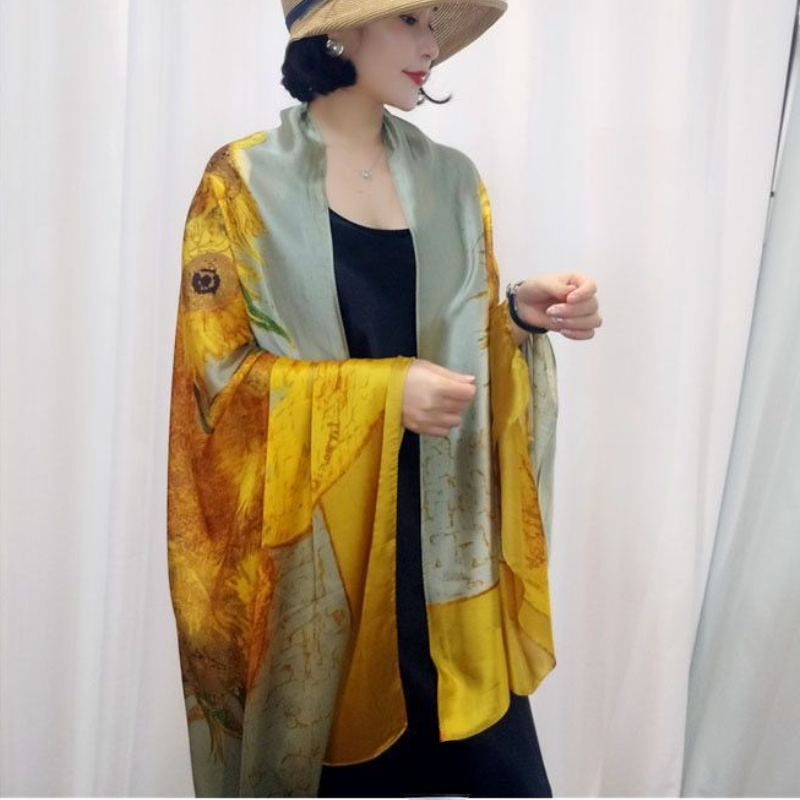 Écharpe en soie tendance pour femme, motif tournesols, châle de protection solaire pour voyage en extérieur, couvre-chaussons de plage d'été YD5065
