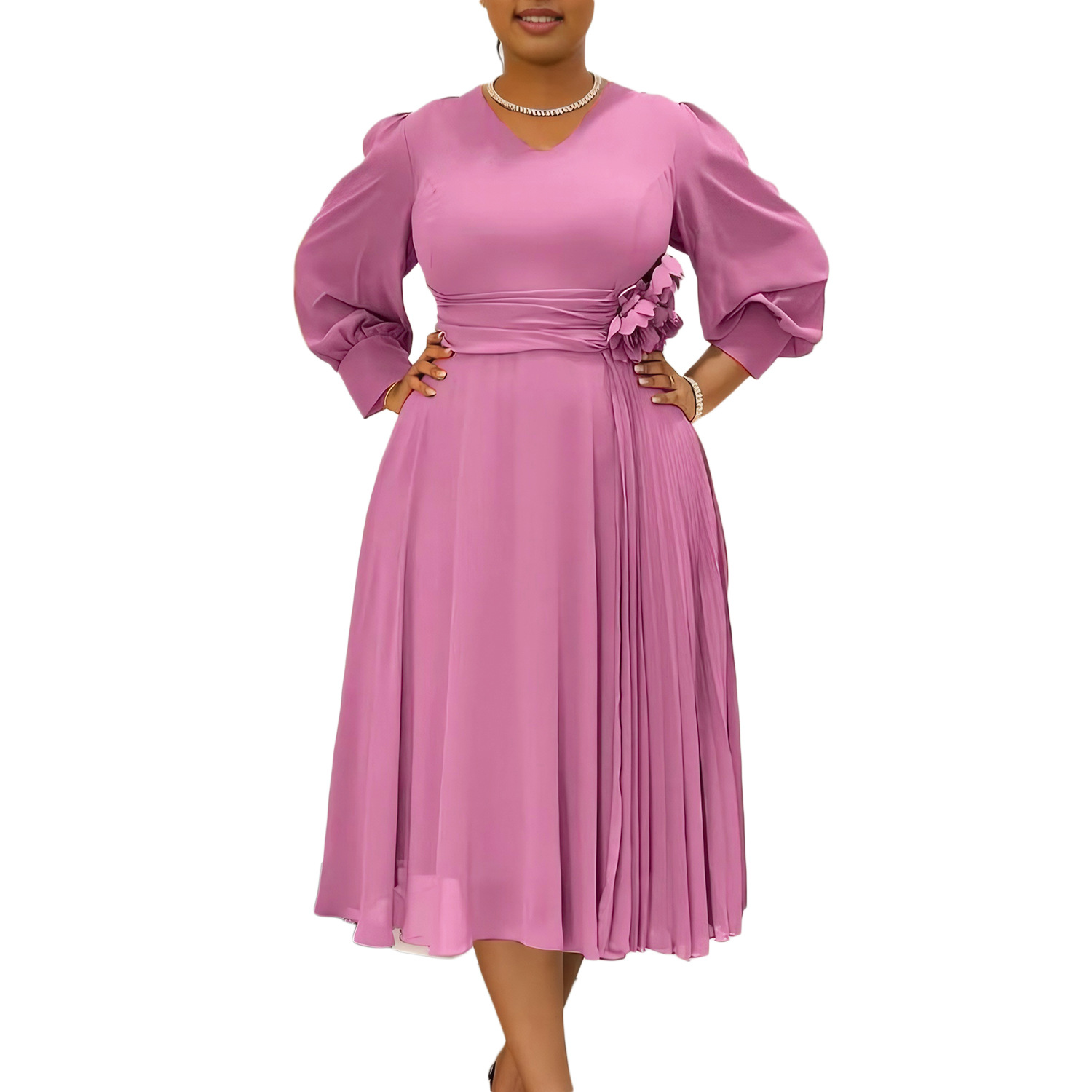 Robe longue pliable pour femmes, col en V, manches longues, fleur tridimensionnelle, taille serrée, Maxi, été, ligne A, 2025