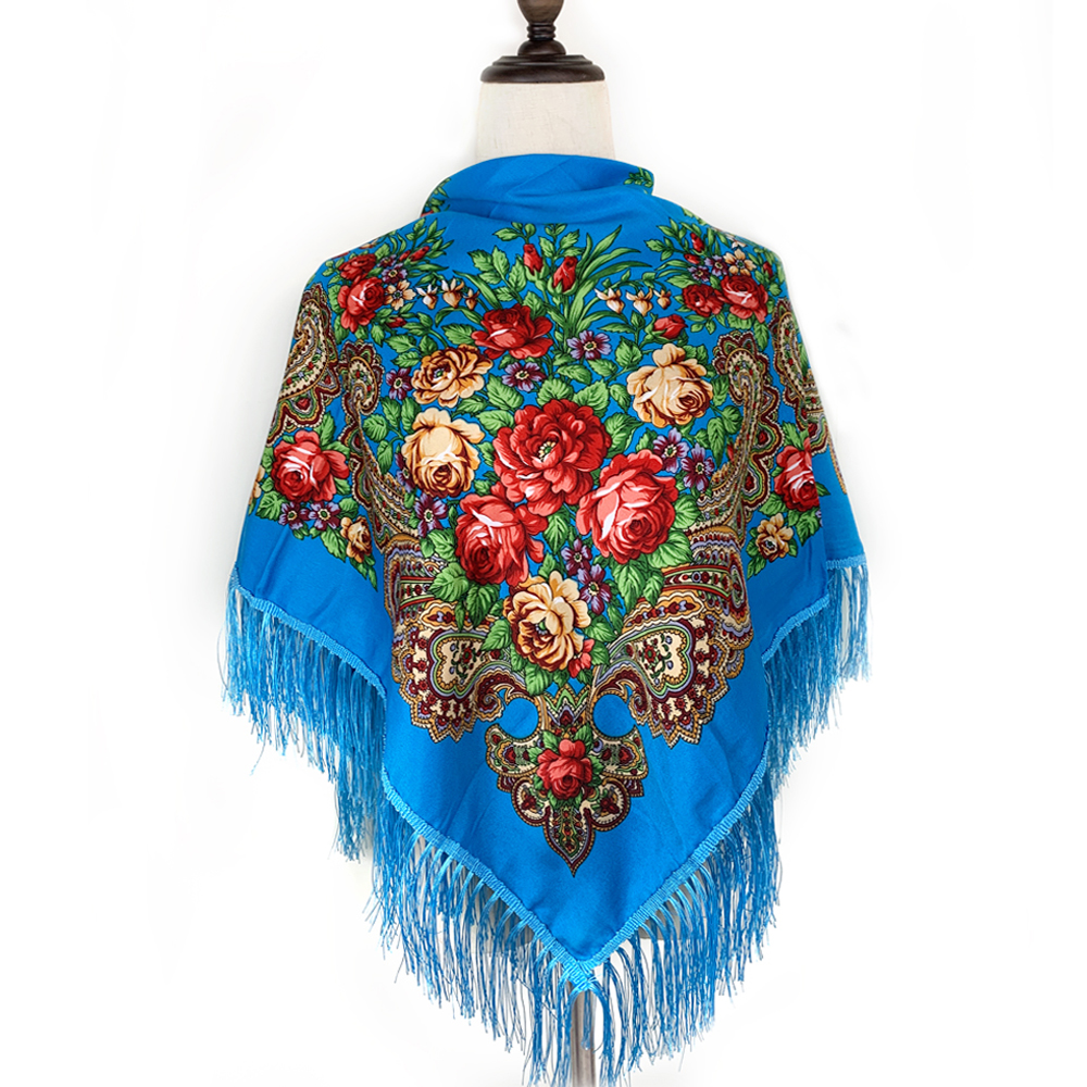 Foulard carré russe imprimé Floral de luxe pour femmes, châle traditionnel ukrainien à franges, Bandana Babushka, 115x115cm