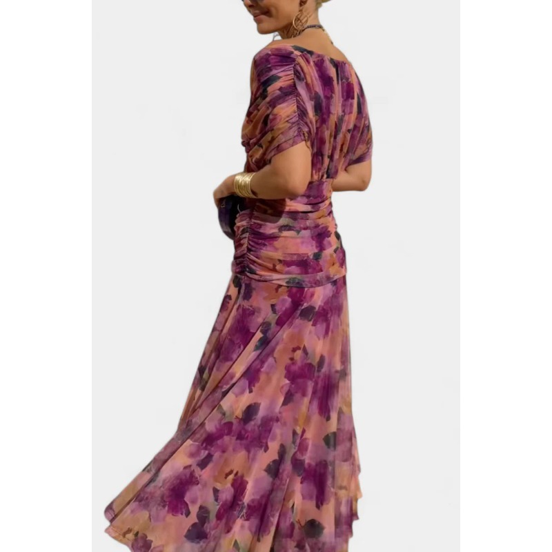 Robe Camisole Femme Chic à Col V en Mousseline Imprimé Floral, Nouvelle Collection Automne 2026, Élégante, Épaules Dénudées, Ourlet Fluide, Idéale pour les Vacances et les Fêtes, Longueur Midi
