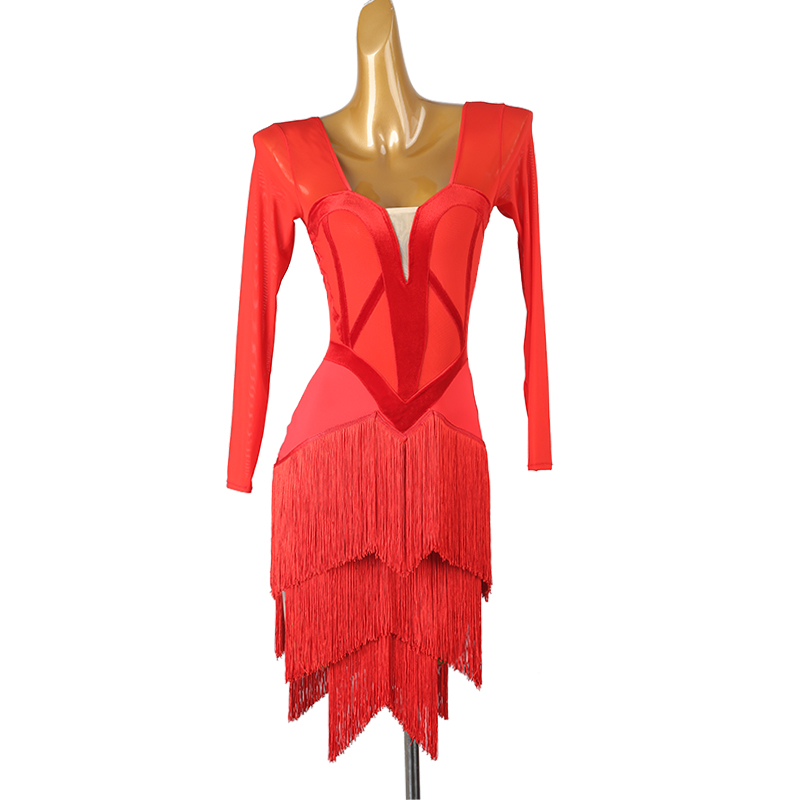 Robe de danse latine à franges pour femmes, avec franges, pour spectacle, Salsa, Rumba, manches longues, pour salle de bal, Costume de scène, nouvelle collection 2025