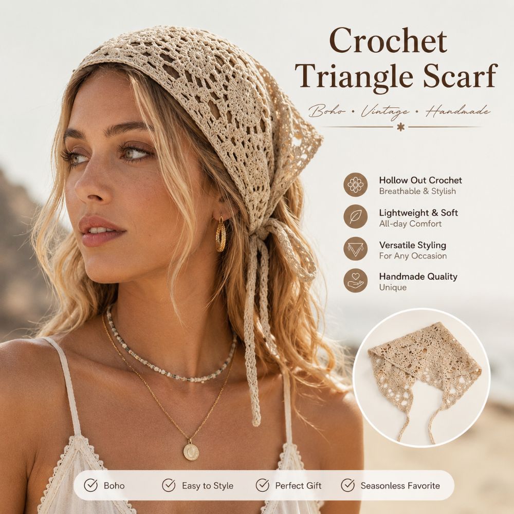 Foulard triangulaire uni en crochet ajouré fait main, bandeau en maille transparente, foulard rétro tricoté tendance pour femme