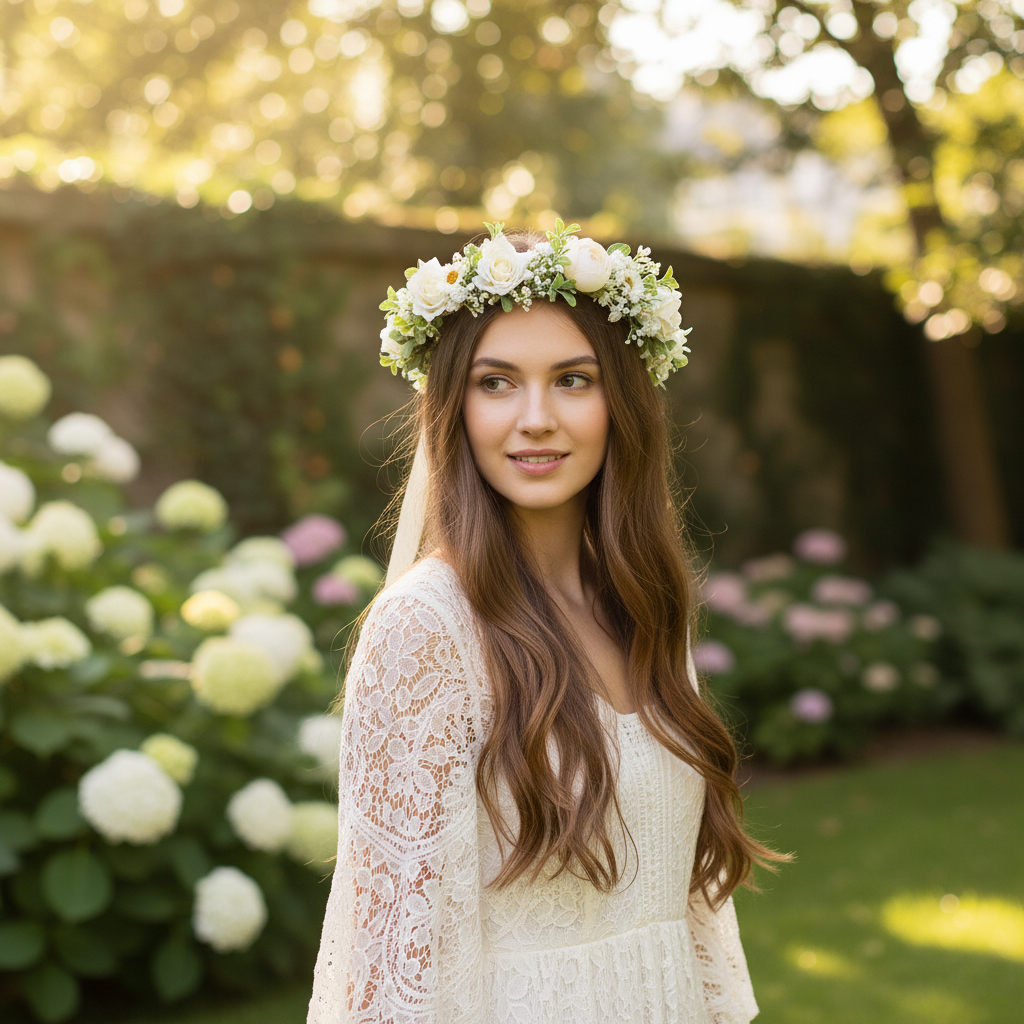 Serre-tête bohème en fleurs artificielles de gypsophile, couronne florale faite à la main, accessoire de cheveux pour mariage, photographie, fête, style fille
