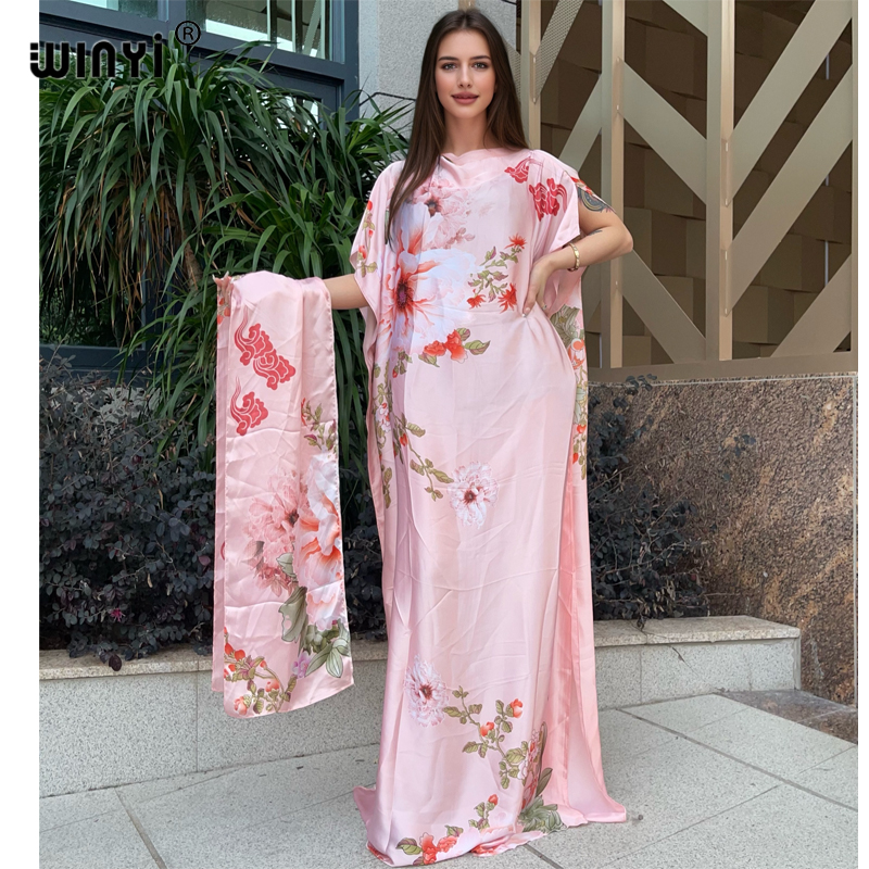 WINYI-Robe Dashiki bohème pour femmes africaines, imprimé musulman, dubaï, taille libre, design avec écharpe, maxi adt, robe élégante africaine, nouvelle collection 2024