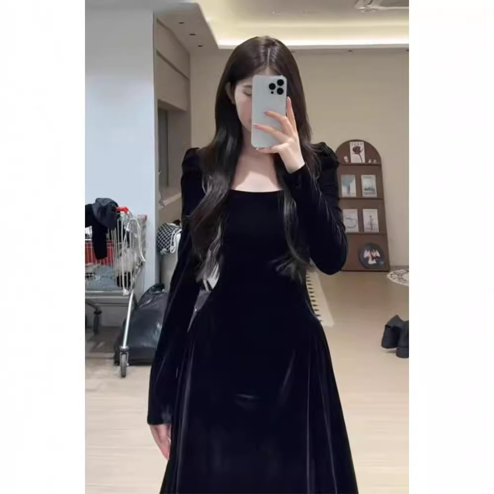 Robe de soirée en velours noir pour femme, jupe longue, style français, socialite, haut de gamme, intérieur, fête d'anniversaire, automne