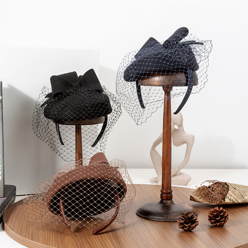 Chapeau fascinateur d'hiver pour femmes, pilulier rond, cage à oiseaux, voile, nœud, bandeau en laine, fascinateur, mariages, courses Ascot
