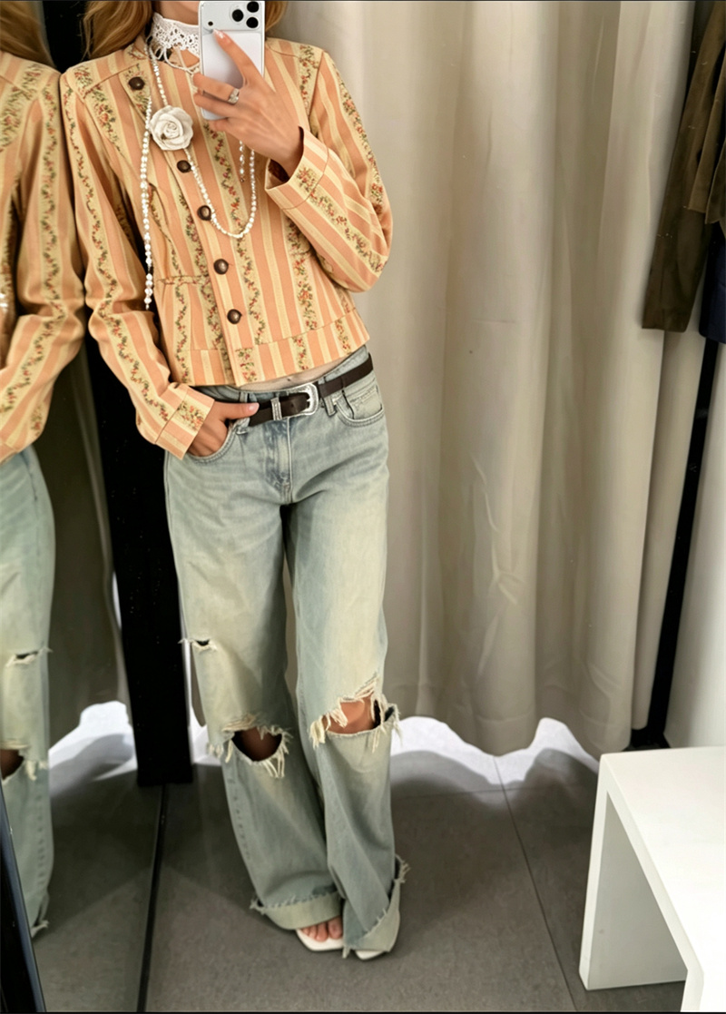 Veste à col montant pour femme Guobioziy, manches longues, manteau à rayures jacquard et motif floral, mode automne précoce