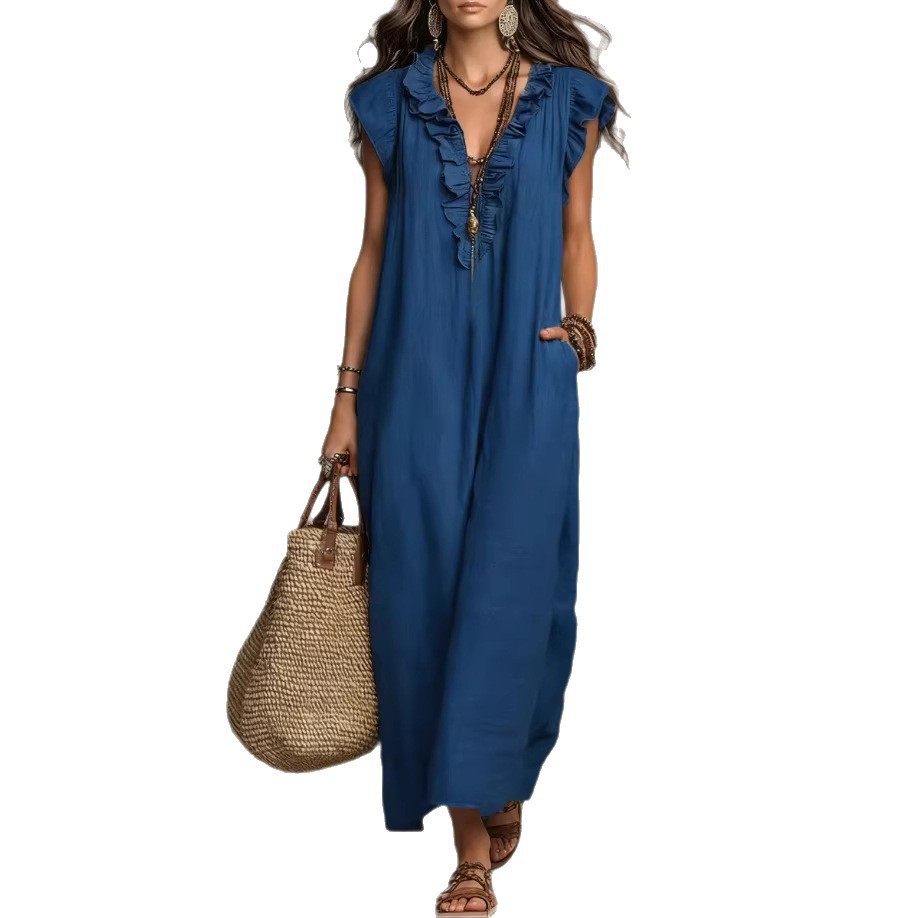 Robe longue patchwork pour femme 2026 – Nouvelle collection été, sans manches, élégante, décontractée, vintage, pour soirée – Vêtements féminins