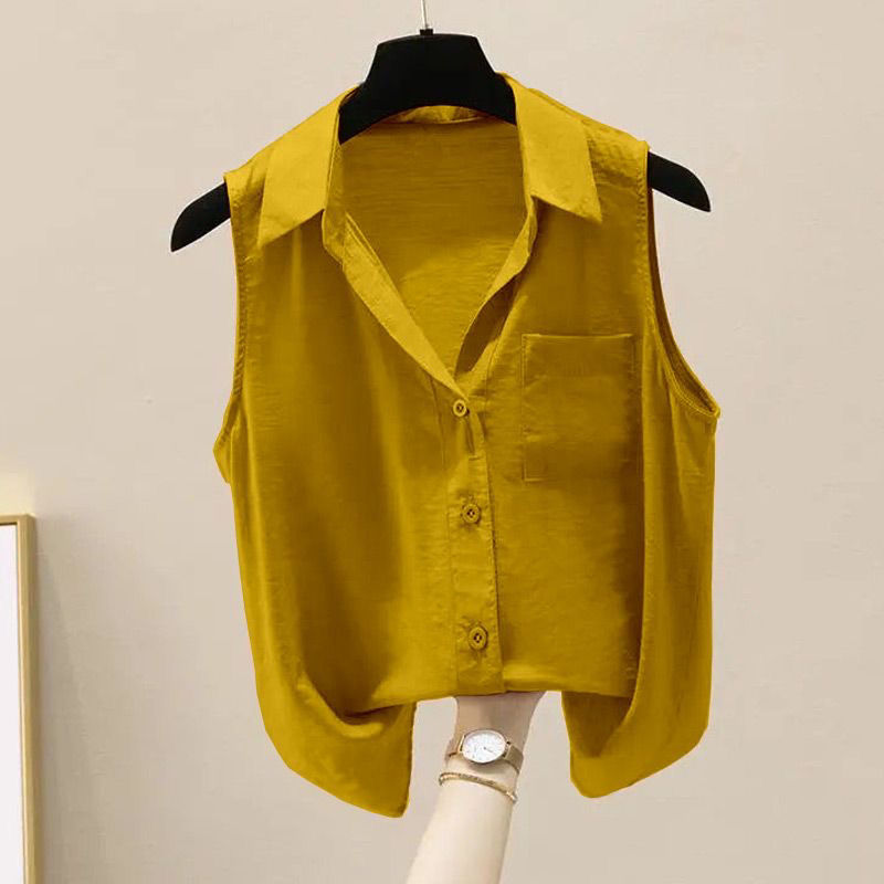 Chemisier sans manches en mousseline de soie pour femme, couleur unie, style coréen, coupe ample, simple boutonnage, nouvelle collection été 2026
