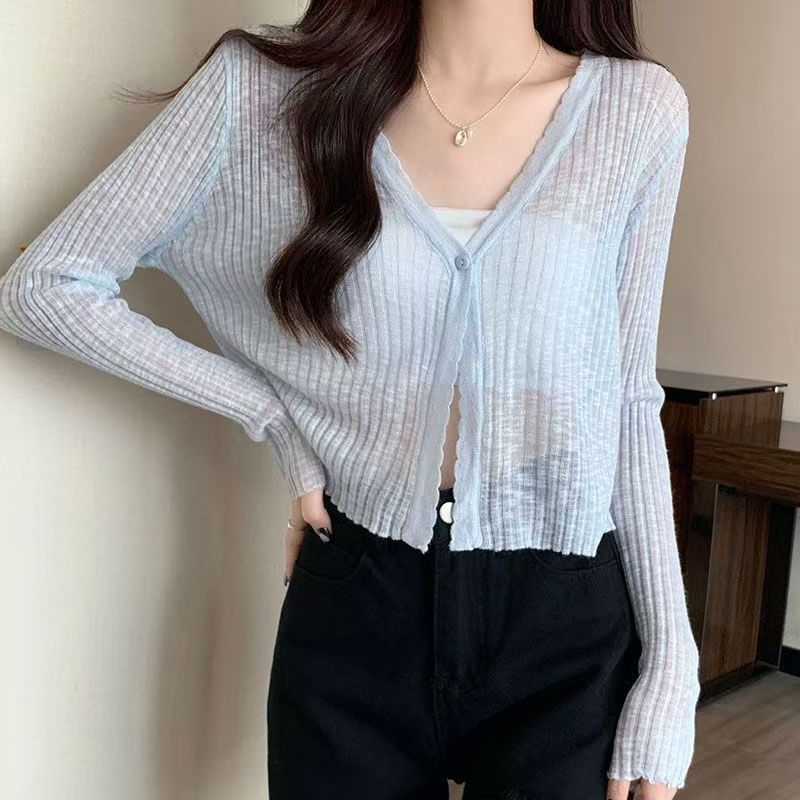 Cardigan en tricot fin et décontracté pour femmes, vêtements d'été doux, taille haute, couverture châle, chemise, col en v, boutons, hauts de protection solaire