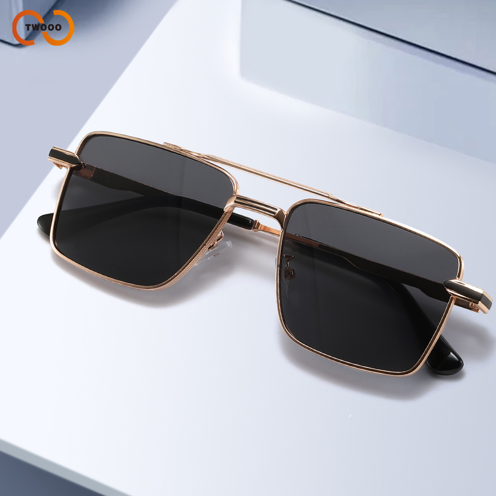 Lunettes de soleil carrées à double pont en métal pour hommes – Style rétro tendance, protection UV pour la conduite, les voyages et les activités de plein air