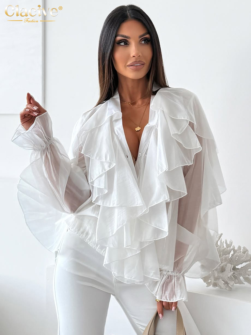 Clacive mode ample blanc femmes chemise 2025 Sexy col en v à manches longues chemises élégant classique volants solide hauts vêtements féminins
