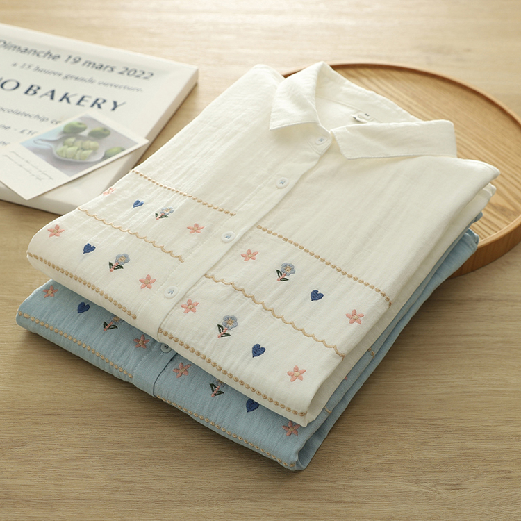 2025 vêtements pour femmes coréennes 100% fil de coton bleu blanc broderie chemises à manches longues chemisiers élégants pour dames de bonne qualité