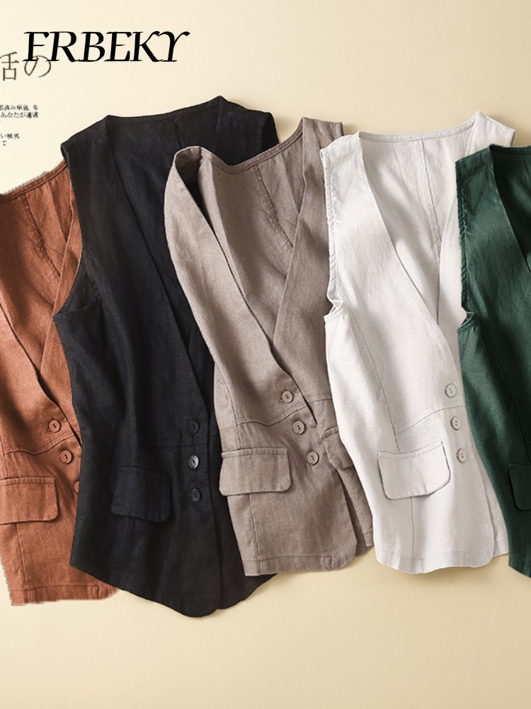 Glafor-Veste en Coton et Lin pour Femme, Streetwear observateur et Vintage, Col en V, Décontracté, FibrThin, Été
