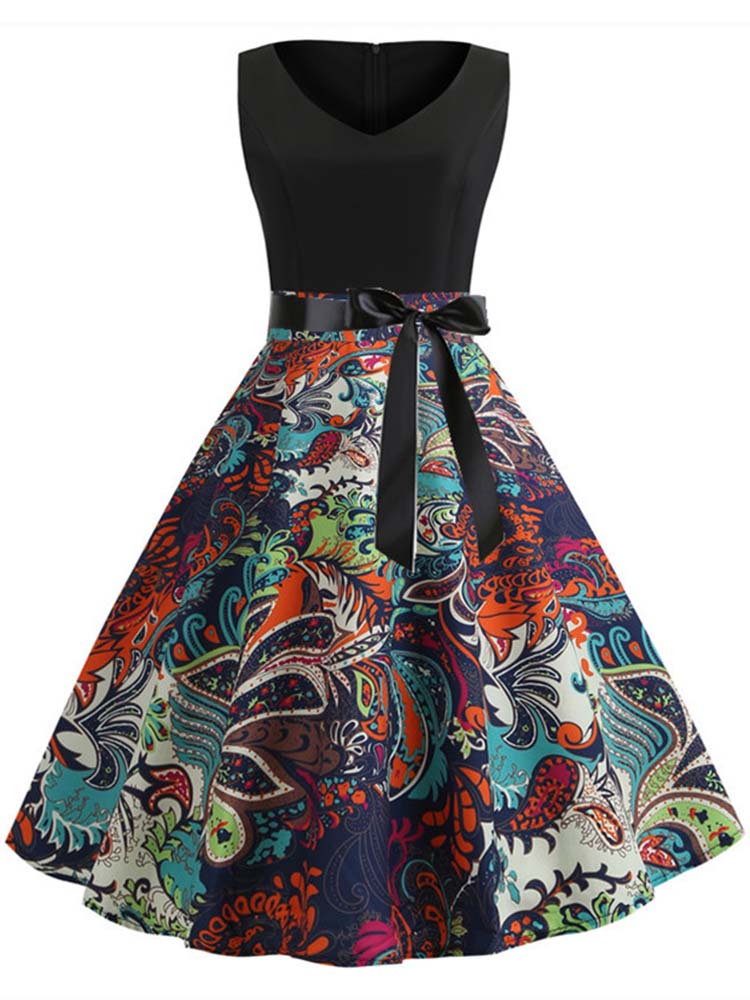 Robes vintage pour femmes, imprimé floral, robe de soirée noire élégante, robe rétro sans manches, sexy, grande taille, robe d'été