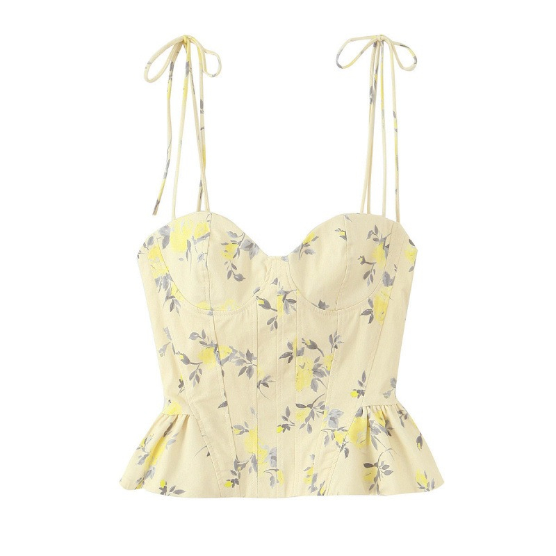 Haut court pour femme à imprimé floral, style français, col en V, sexy, à fines bretelles, dos nu, coupe ajustée, avec volants, pour l'été