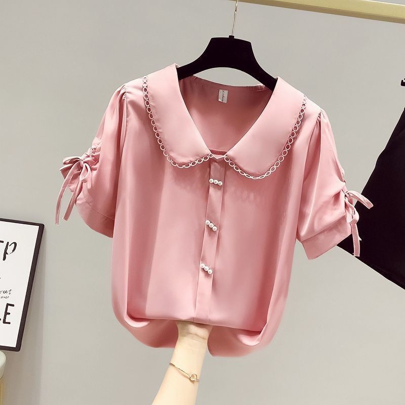 Chemise en satin pour femmes - Col Peter Pan, bouton perlé, manches courtes, poignets à nouer