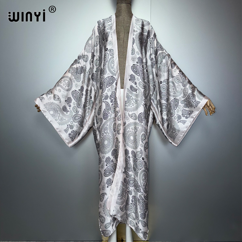 WINYI Kimono Abaya pour femmes africaines, Cardigan musulman pour femme, Kaftan classique à imprimé cachemire, Robe bohème décontractée pour la plage
