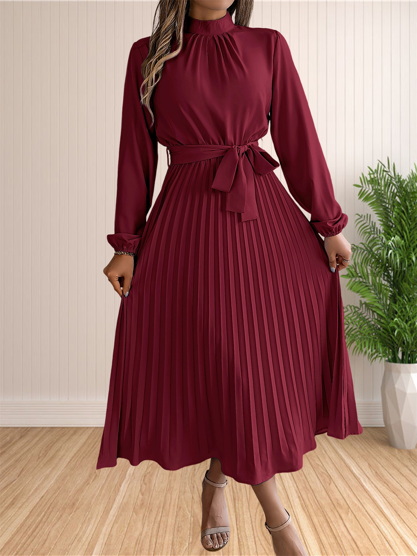 Robes longues d'été pour femmes, élégantes, plissées, manches longues, à lacets, style Boho, portefeuille, ourlet à volants, robe d'été
