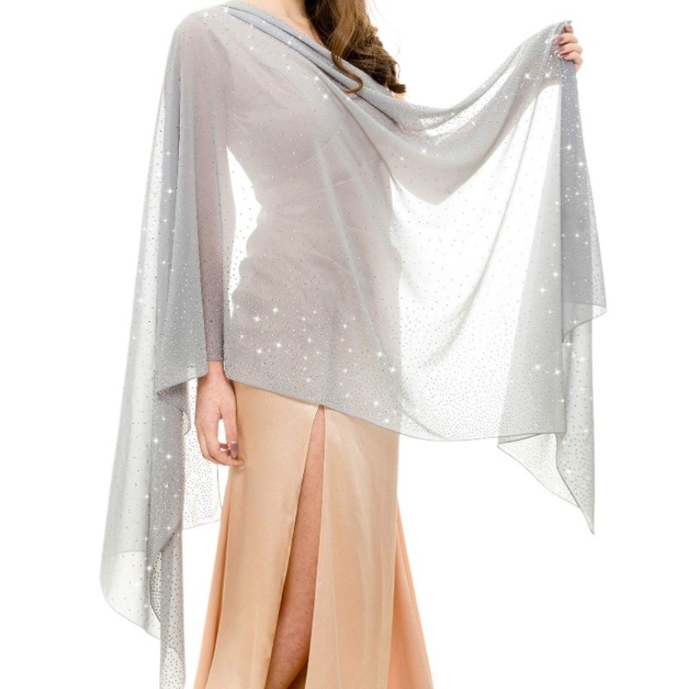 Châle en mousseline de soie pour femme avec strass, couleur unie, doux, scintillant, transparent, respirant, fin, pour soirée
