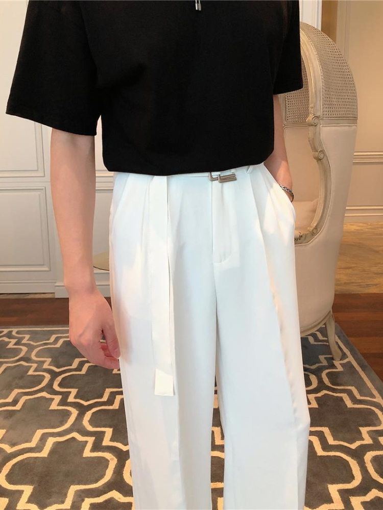 Pantalon blanc pour hommes Baggy avec ceinture jambe large élégant printemps vêtements homme costumes pantalons vêtements Promotion tissu chaud été 2025