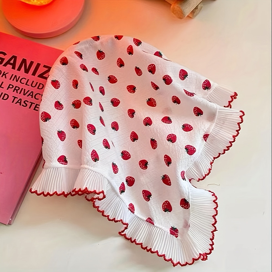 1 Foulard triangulaire mignon motif fraise avec bandeau, coiffe en dentelle style pastoral pour femme, accessoire capillaire pour pique-nique et sorties printanières