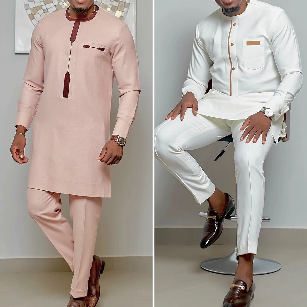 Costumes Kaunda de mariage blancs pour hommes, manches longues, pantalons en Y, ethnique africaine, vêtements traditionnels décontractés, tenues caftan imbibées, 2 pièces