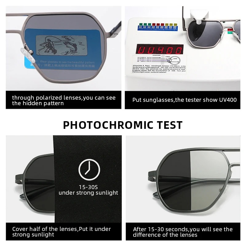 Lunettes de soleil photochromiques en métal pour hommes et femmes, lunettes de soleil polarisées tendance, anti-éblouissement, UV400, pour la conduite