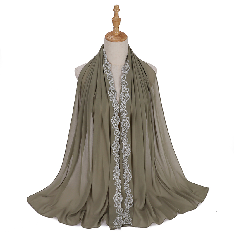 Hijab de luxe en mousseline avec bordure en dentelle, turban islamique, foulard, châle, voile musulman pour mariage