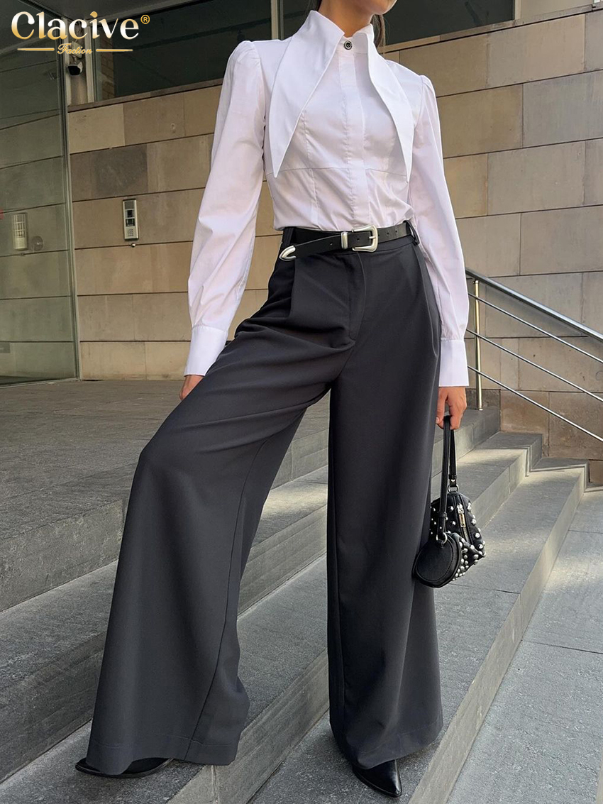 Clacive mode ample blanc coton femmes chemise 2025 décontracté revers à manches longues Blouse élégant classique solide haut femme vêtements