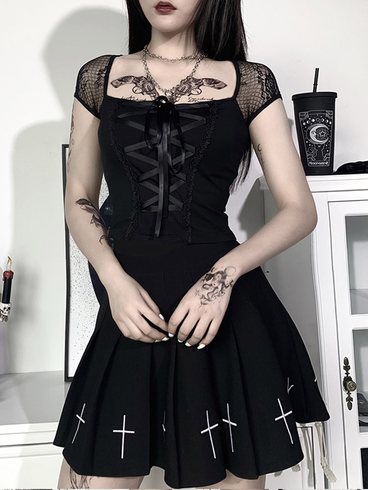 T-shirt gothique Vintage pour femmes, moulant, Bandage, dentelle, maille noire, Sexy, décontracté, gothique, Streetwear, haut féminin