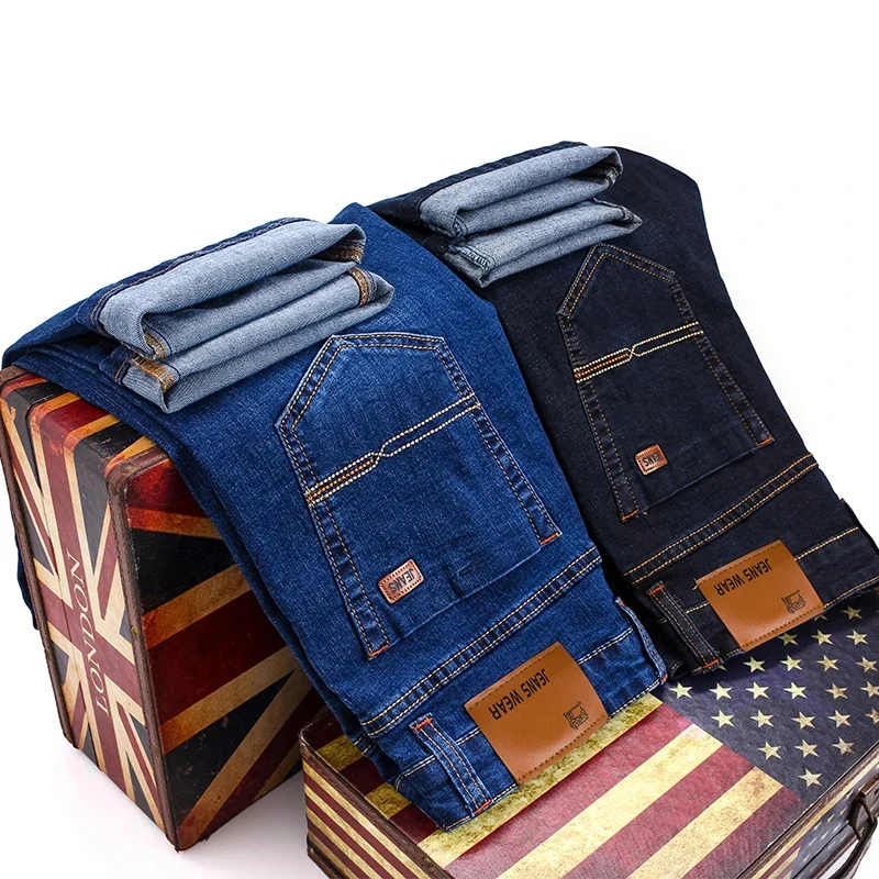 Jean d'affaires pour hommes, Style classique, décontracté, extensible, Slim, pantalon en Denim de marque, noir et bleu