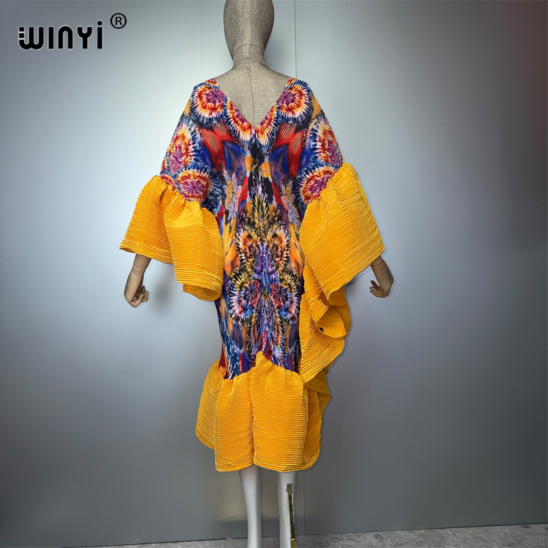 WINYI Robe plissée bohème élastique et ajustée pour femmes musulmanes, tenue de plage, kaftan, abaya, Dubai, luxe, longue, pour les vacances et les soirées