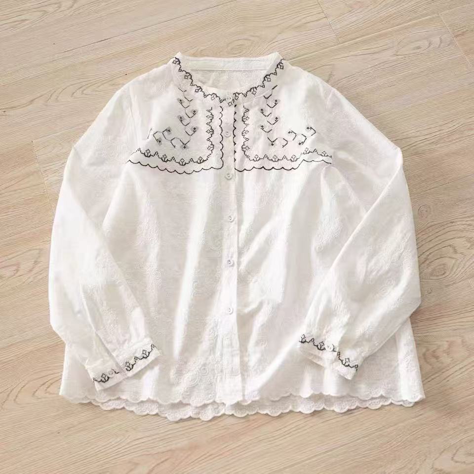 Chemisier élégant pour femme 2026, broderie bohème printemps, chemises blanches et beiges à manches longues, hauts en coton pour femmes