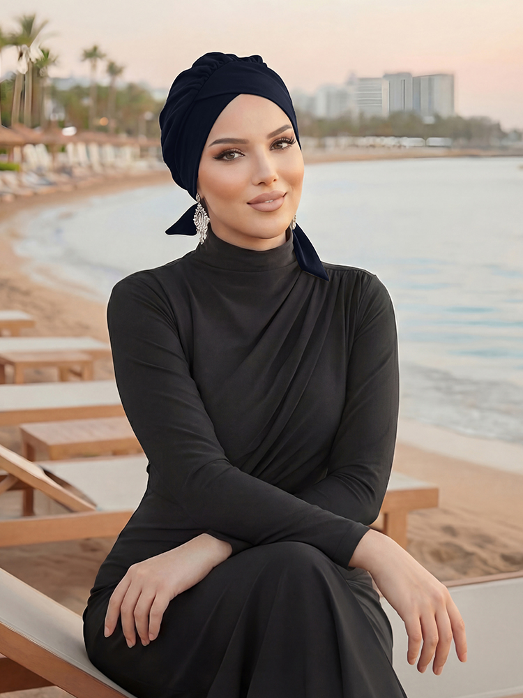 Hijab croisé en tricot pour femmes musulmanes, turban noir en polyester, foulard élégant et respirant pour la plage et les vacances quotidiennes