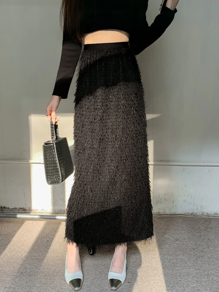 Jupe longue taille haute A-Line pour femme, plumes, jambe fendue, mode élégante, dame chaude, monochrome, automne, hiver, nouveau, 2023