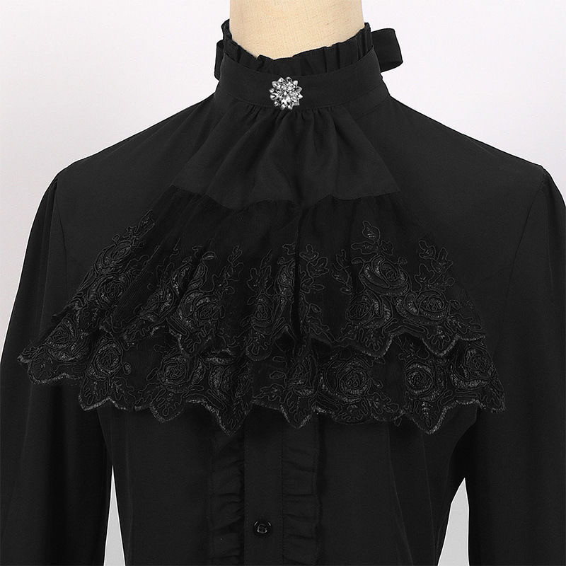 Chemise à manches longues de style victorien pour femmes, nouvelle arrivée 2025, dentelle noire et blanche, volants, col haut, dos corset, style gothique vintage