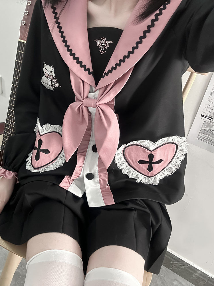 Ensemble deux pièces japonais Kawaii pour femmes, chemisier en dentelle brodée de chat esthétique, grunge + mini jupes plissées dégradées, tenue trempée, Y2K