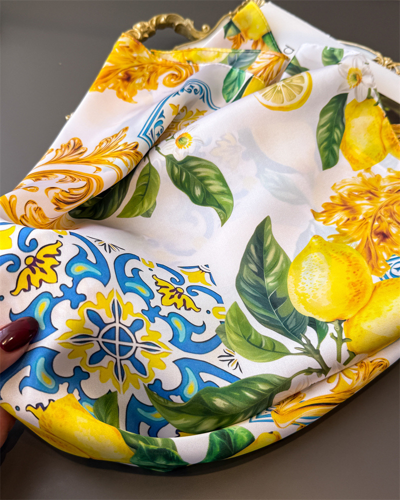 Nouveau Foulard Carré Imprimé Citron 2026, en Satin Doux Imitation Soie, pour Femmes, Bandanas, Hijab, Foulard de Cou, Châle Élégant