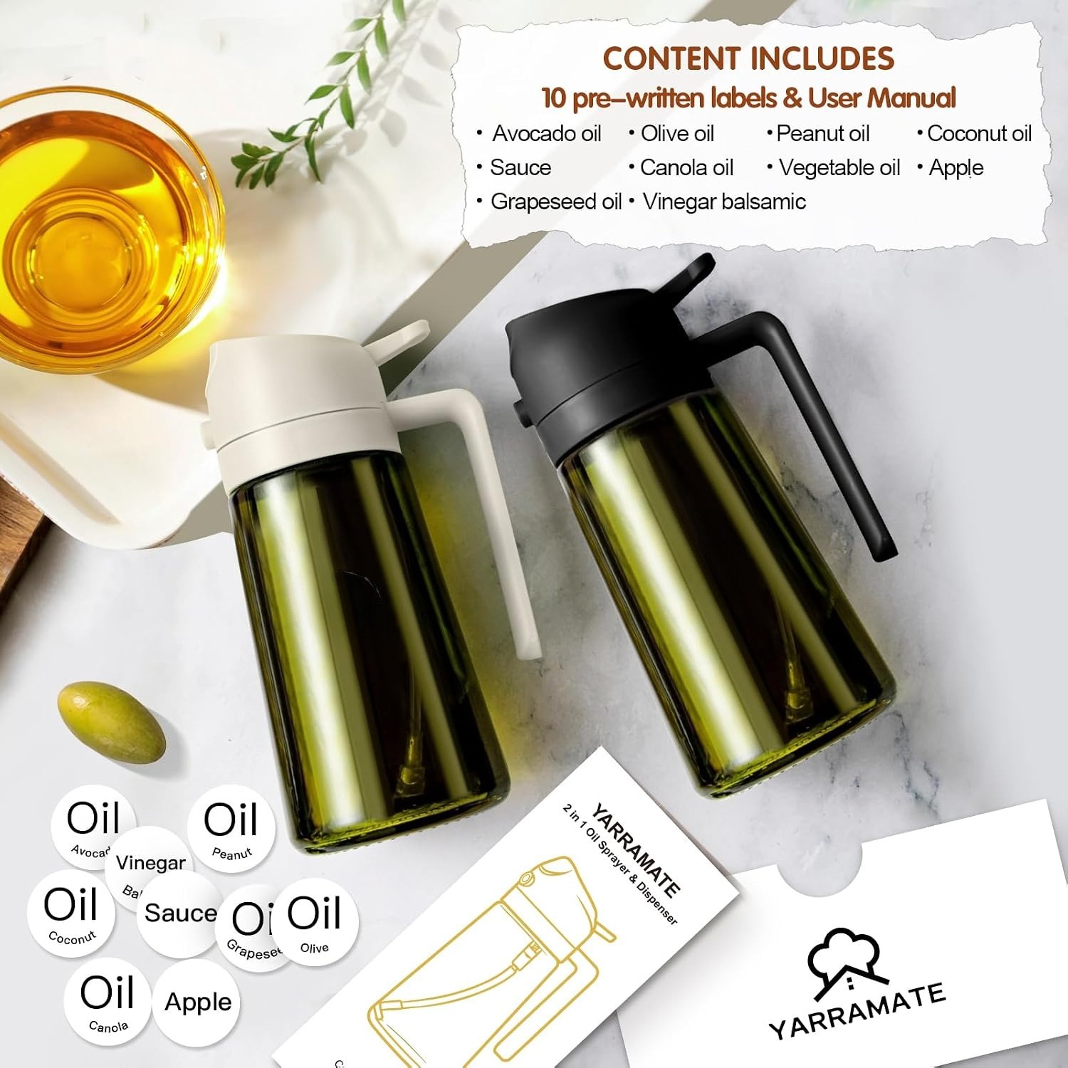 Bouteille d'huile 2 en 1 à pulvériser et à verser, bouteille de pulvérisation d'huile foncée bloquant la lumière, pulvérisateur d'huile d'olive à double fonction spécifique à la cuisine
