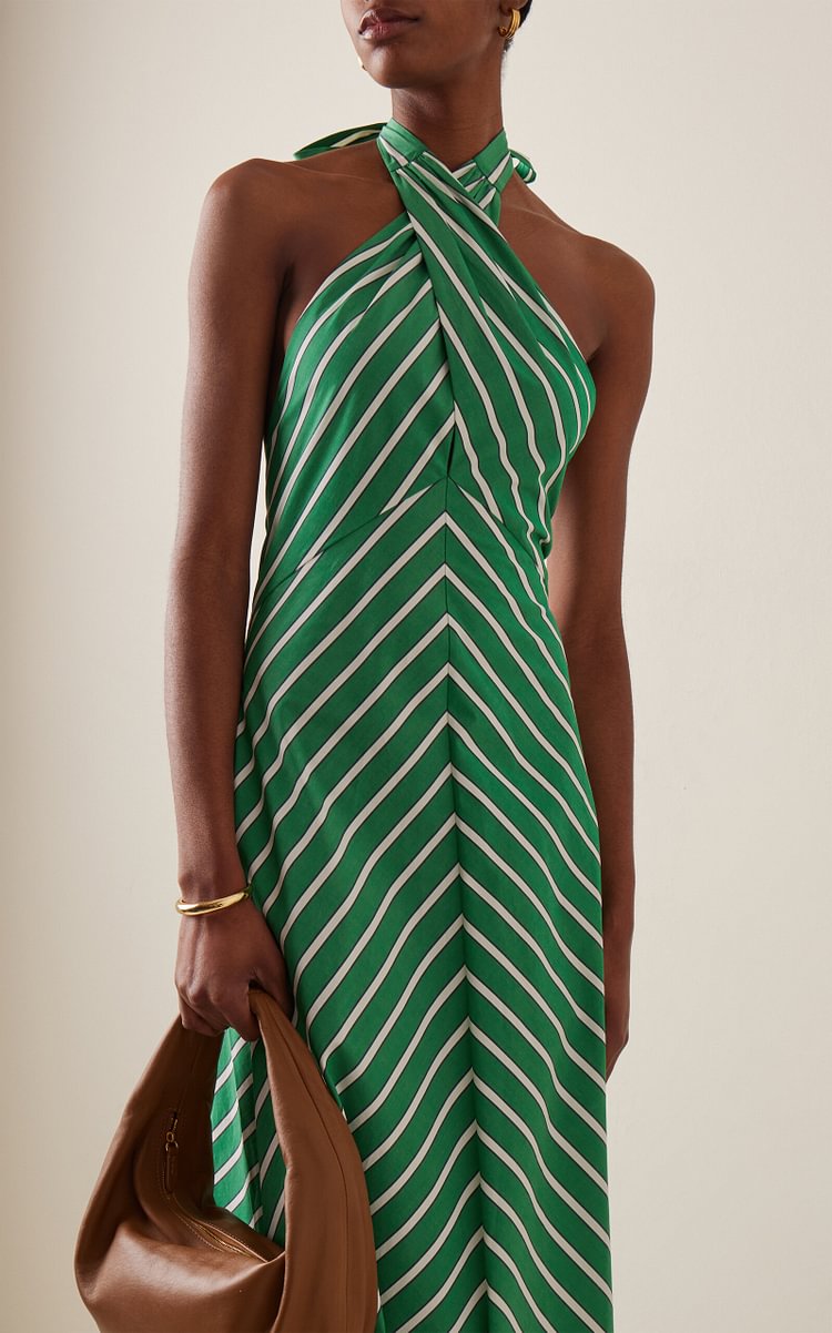 Robe mi-longue d'été pour femmes, Sexy, sans manches, col monté, imprimé rayé, tenue de vacances, style bohème, 2025