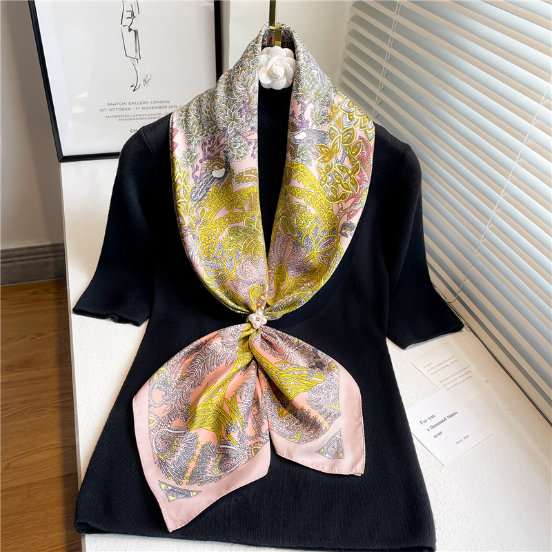 Foulard carré de luxe en sergé de 90cm pour femmes, bandeau de cheveux imprimé de printemps, Hijab, Foulard Sunsceen, châle enveloppant