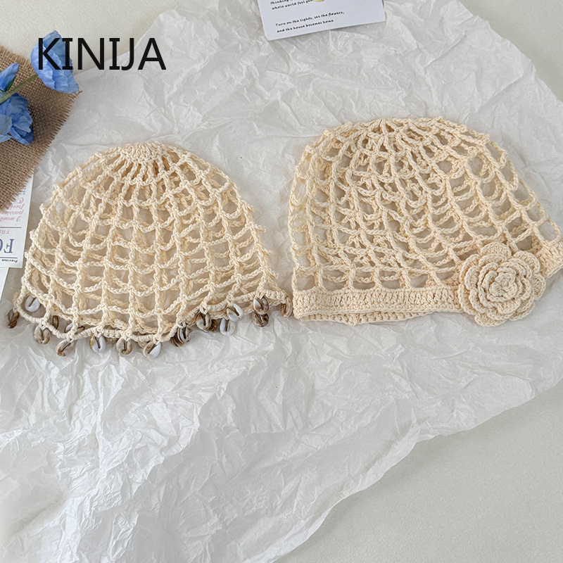 Chapeau en maille pour femme, bonnet au crochet fait main, chapeau ajouré tissé, chapeau respirant, béret, chapeau d'été coréen, foulard